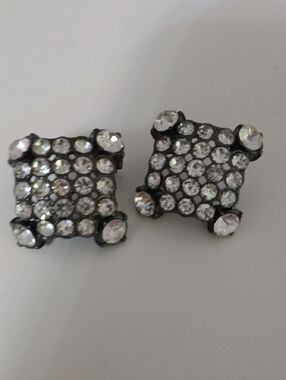 Rhinestone On Black Earrings, Pierced